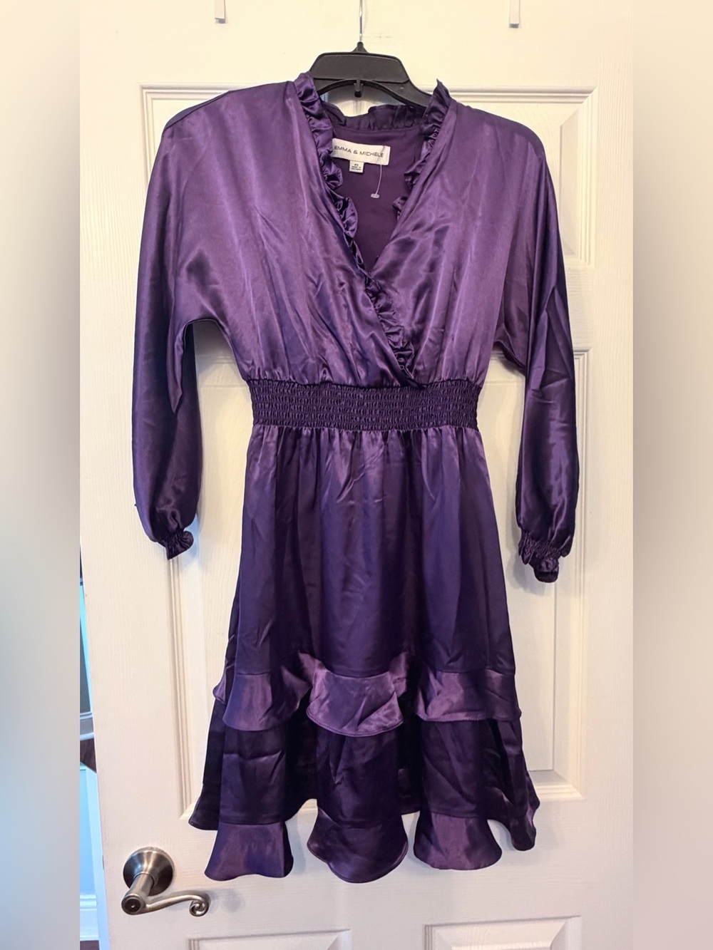 Emma & Michele Purple Satin Ruffle Waist Dress